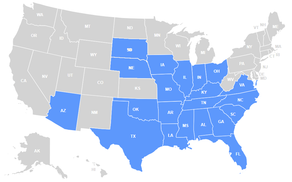 Schaffhouser Electric service area map centered on Nashville, TN — coverage across Tennessee, Kentucky, Georgia, and South Carolina